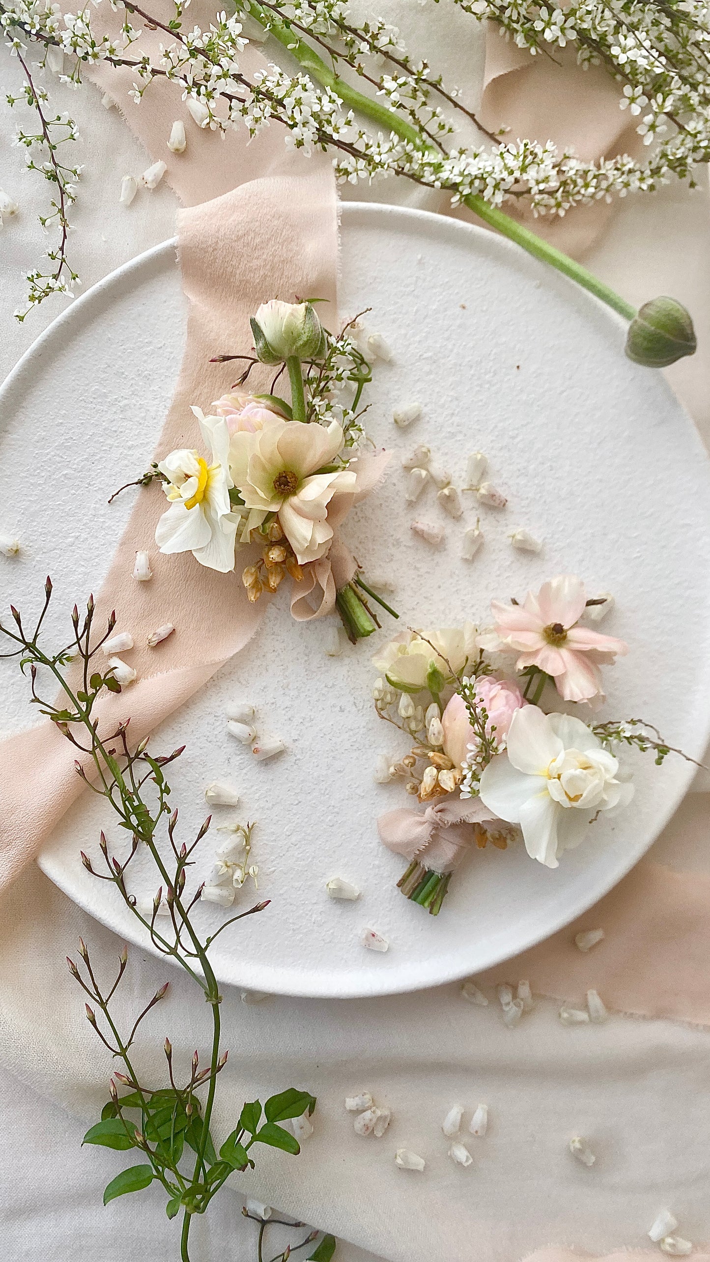 petal.palette florals styled with touch of pink crepe silk ribbon