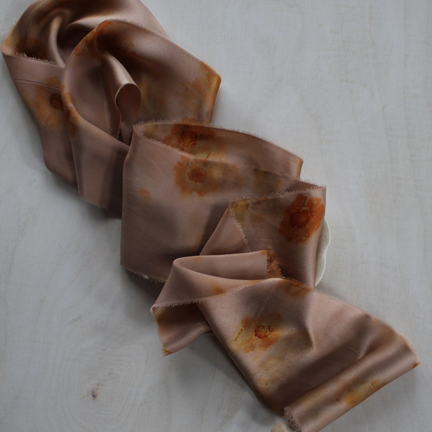 Bias cut floral silk ribbon, naturally dyed and made in Canada