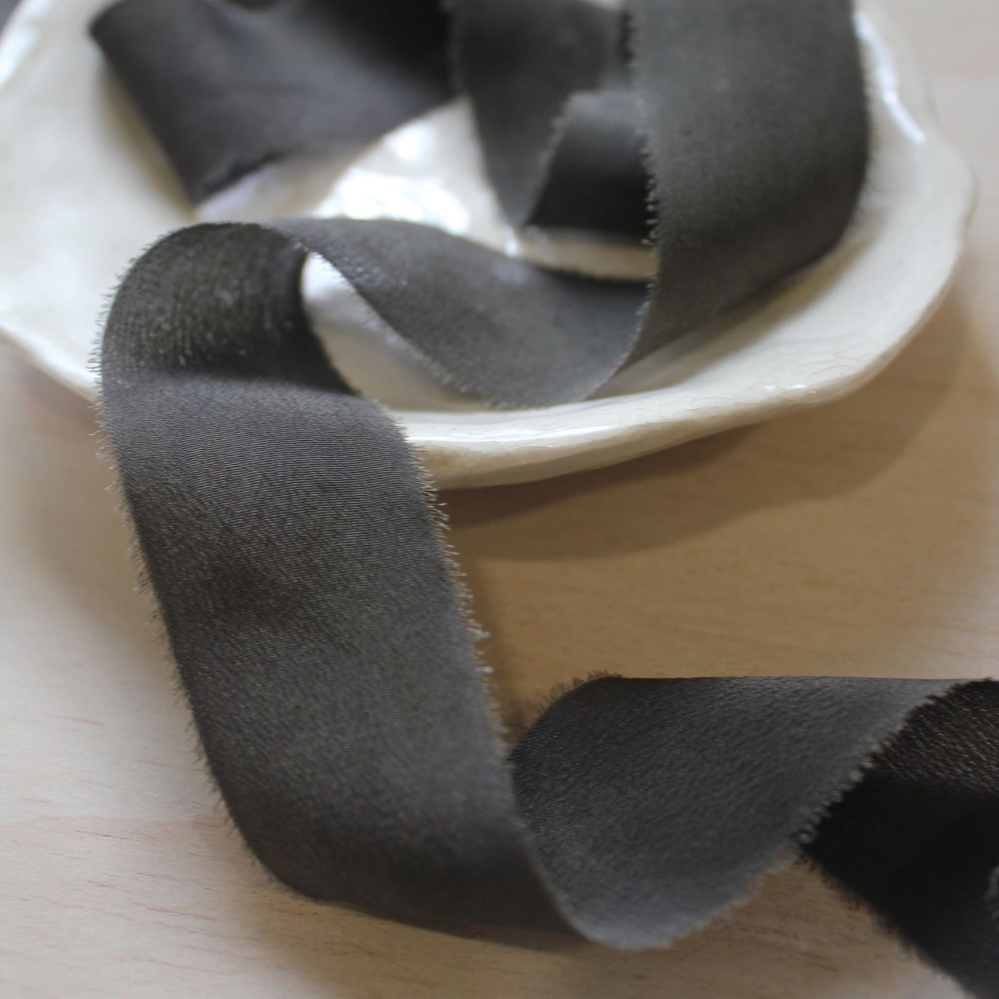 DARK CHARCOAL Silk Crepe de Chine Ribbon Hand Torn