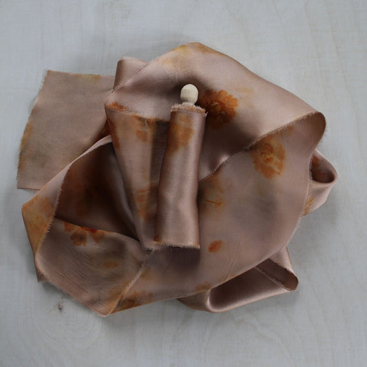 Naturally dyed silk charmeuse ribbon in a soft botanical print, handmade in Canada